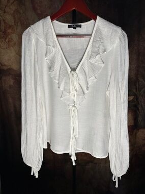 Lulu's White Ruffled V-Neck Tie-Front Blouse